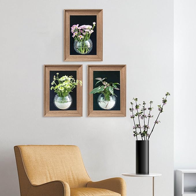 Walnut Wooden Frame Wall Hanging Planter for Hydroponic Plants，12'' x16''inch Wall Vase with Oblate-Shaped Acrylic Propagation Station，Bathroom, Office, or Living Room Decor, Set of 3