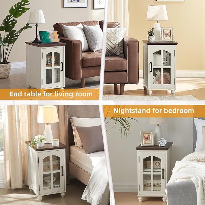 Narrow Side Table Set of 2,White Nightstand with Charging Station,End Table with Glass Barn Door Storage, Cabinet Organizer with Adjustable Shelf, Night Stand for Small Spaces Living Room Bedroom