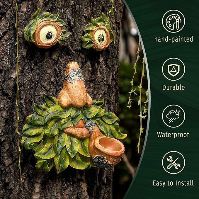 Tree Face Decor Outdoor,Whimsical Outdoor Art with Bird Feeder,Tree Hugger Bark Ghost Face Decoration Funny Yard Art,Garden Creative Decoration (8 INCH)