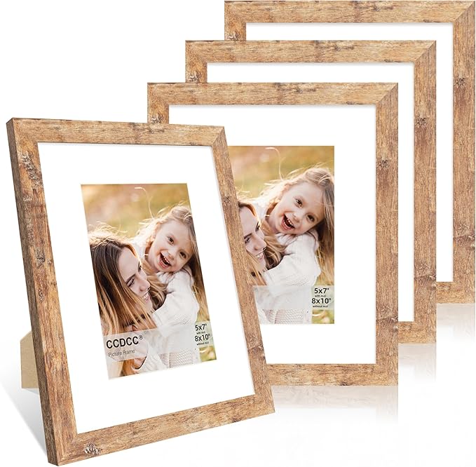 8x10 Picture Frame Set of 4, 8 x 10 Wood Photo Frames with Mat for 5x7, Natural Wooden Frame with Real Glass Cover for Wall and Tabletop Display,Brown
