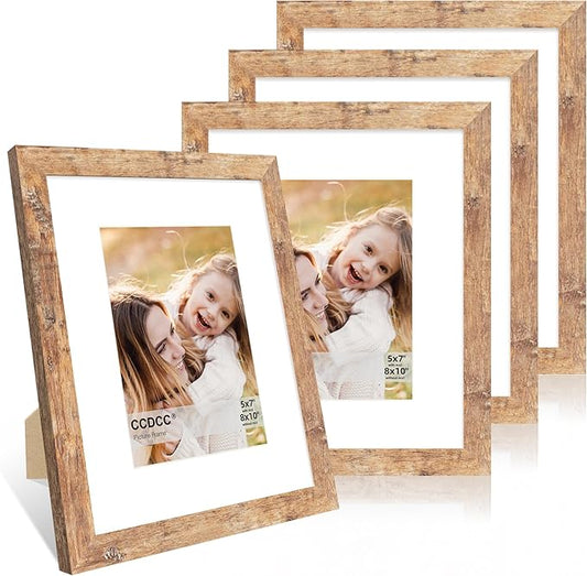 8x10 Picture Frame Set of 4, 8 x 10 Wood Photo Frames with Mat for 5x7, Natural Wooden Frame with Real Glass Cover for Wall and Tabletop Display,Brown
