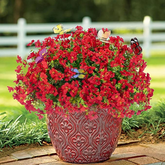 ‌20 Bundles Artificial Flowers for Outdoors‌ with 6 Faux Butterflies, UV Resistant ‌Fake Flowers‌ with Eucalyptus Leaves, ‌Artificial Plants Outdoor‌ for Patio Garden Porch Home Decor (Red)