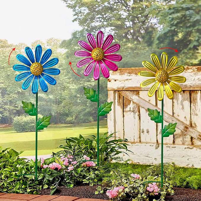 WAIU Metal Daisy Garden Stakes, Wind Catcher Spinner Garden Stakes, Garden Windmill Stakes Outdoor Wind Catchers, Yard Decor Stakes, Set of 3…