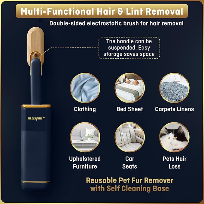 Lint Brush, Lint Remover, and Pet Hair Remover for Laundry, Clothes, Couches, Car Seats, Furniture and Fabric. Reusable Dog and Cat Fur Wizard Hair Removal Brush. ALLISTAR (Midnight Blue)