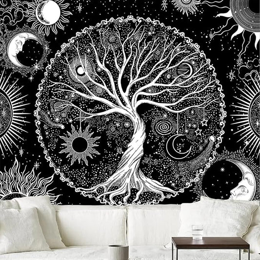 AACKart Tree of Life Tapestry for Bedroom Aesthetic Room Decor-Black and White Spiritual Tree Tapestry Wall Hanging with Sun Moon Star 78.7×59.1 inches