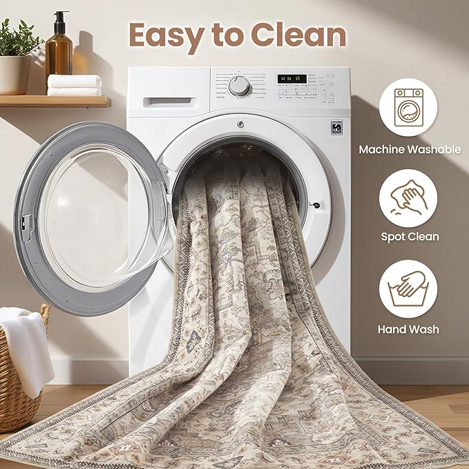 Washable Area Rugs for Living Room - 6x9 Neutral Vintage Distressed Floral Farmhouse Boho Large Soft Floor Rug Indoor Non Slip Carpet for Bedroom Dining Room Office - Brown/Multi