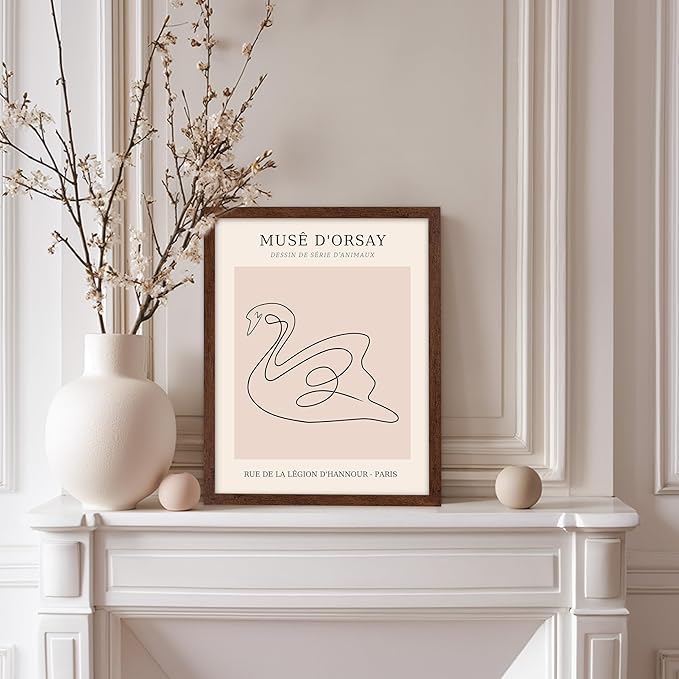 Poster Master Vintage Poster - Retro One Line Swan Drawing Print - Swan Art - Bird Art - Minimal Gift for Her, Animal Lover - Abstract Decor for Home, Office, Bedroom, 8x10 Brown Framed
