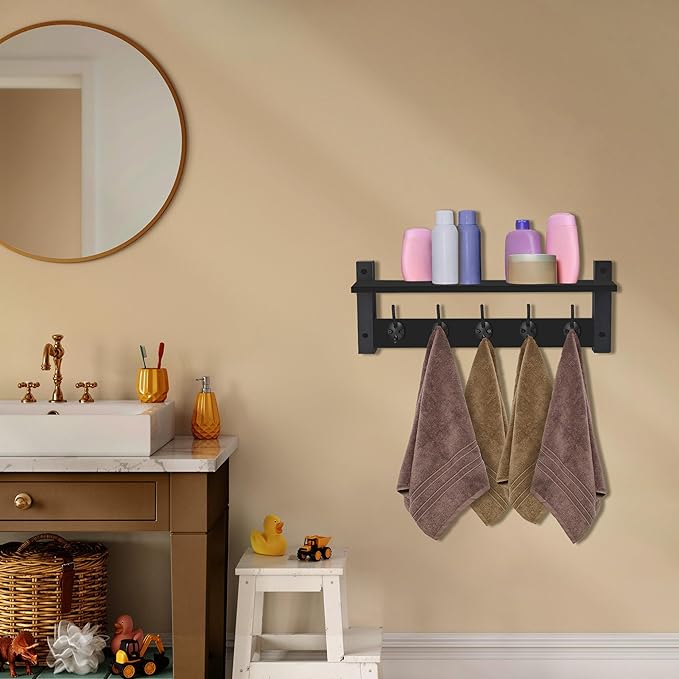 Sorbus Coat Hooks Wall Mount with Shelf – 24 Inch Coat Rack Wall Mount with 5 Heavy Duty Hooks – Floating Wall Shelf with Hooks for Entryway, Bathroom, Bedroom, Kitchen, or Mudroom (Black)