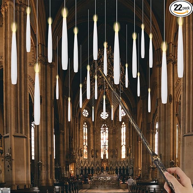 GenSwin 22pcs Flameless Floating Candle with Magic Wand Remote Timer, Battery Operated Hanging Window Candles Flickering, 6.1" LED Electric Candles for Christmas Halloween Decorations(White)