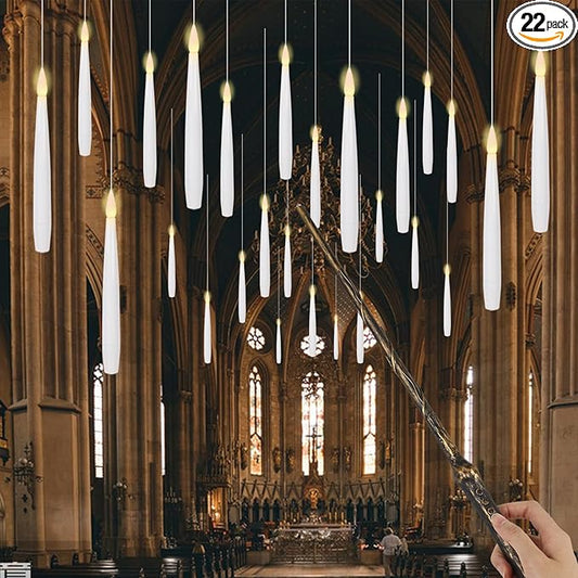 GenSwin 22pcs Flameless Floating Candle with Magic Wand Remote Timer, Battery Operated Hanging Window Candles Flickering, 6.1" LED Electric Candles for Christmas Halloween Decorations(White)