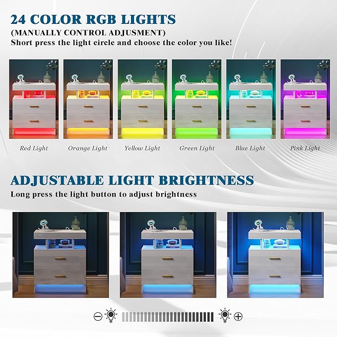 Night Stand with Light, High Gloss Nightstand with USB/Wireless Charging Station, LED White Nightstands with Storage Drawers, RGB Side End Table for Bedroom Furniture（White