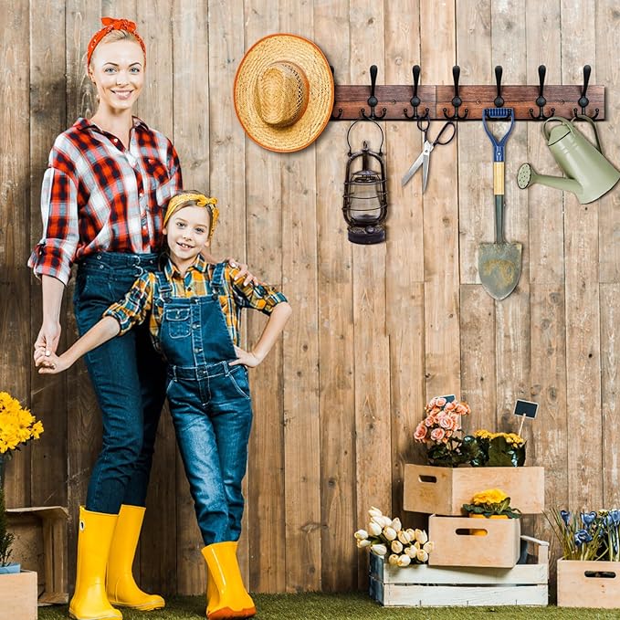 IBosins Wall Mounted Coat Rack, 31-2/5'' Long, Entryway Hanging Rack, Metal Wood Coat Hooks Rack with 8 Black Rustic Tri-Hooks Rail for Coat, Bag, Towel, Key, Hat, Umbrella