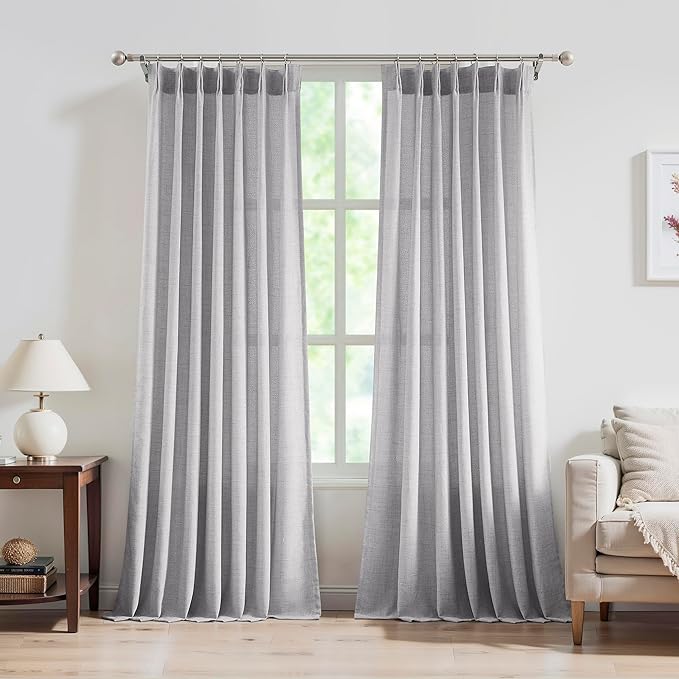 FMFUNCTEX Pinch Pleated Curtains 96 Inches Long for Living Room, Dove Grey Semi Sheer Faux Linen Textured Pleat Drapes for Bedroom with Hooks, Light Filtering Farmhouse Window Drapes 2 Panels