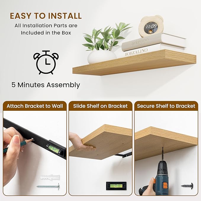 Fun Memories 48 Inch Deep Floating Shelves for Wall, 2 Pack of Long Wall Mounted Wood Shelves with Invisible Brackets for Bathroom, Bedroom, Living Room, Kitchen Decor and Storage, Oak