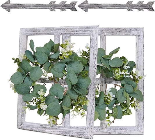 Rustic Wood Window Frame with Green Wreath and Arrows Wall Decor，Farmhouse Window Frame Hanging Decor, Wooden Fake Decoration,Window Pane Wall Decor,Set of 2 (White)