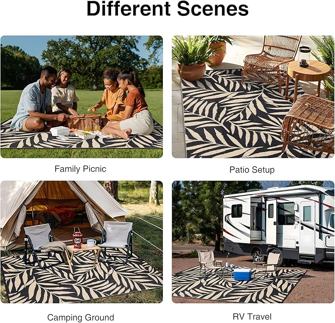 OLANLY Waterproof Outdoor Rug 8x10 ft, Reversible Outdoor Plastic Straw Rug with Leaf Pattern, RV Mat, Indoor Outdoor Carpet for Patio, Camping, Balcony, Deck, Backyard, Black & Beige