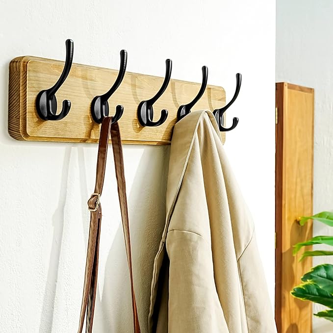 Dseap Coat Rack Wall: Patented, Heavy-Duty, 17.4" Long 5-Double-Hooks Wooden Wall Mounted Coat Rack Coat Hanger Hook Rail for Winter Coats Hat Jacket Clothing, Weathered Brown, Pack of 2