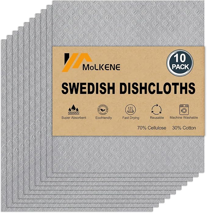 Swedish Dishcloths for Kitchen | 10 Pack Absorbent Cellulose Sponge Cloths Washable | Non-Scratch Reusable Paper Towels Quick Drying Cleaning Rag - Grey