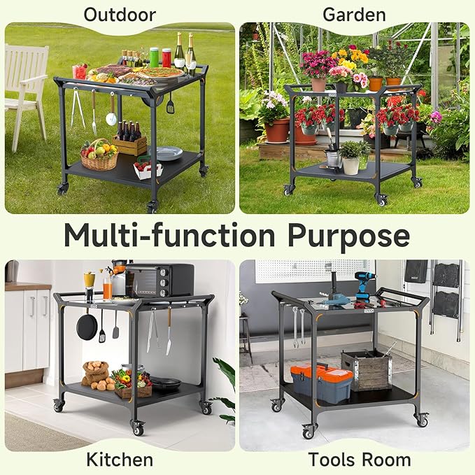 NUUK Grill Cart for Outdoor 32" x 32" Stainless Steel Pizza Oven Table with Double-Shelf Rolling BBQ Kitchen Food Prep Cart for Garden Patio