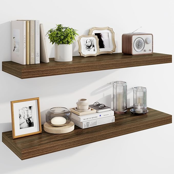 Marsmiles 36" Floating Shelves for Wall, Wooden Shelves with Invisible Brackets Set of 2, Rustic Farmhouse Wall Mounted Shelf for Kitchen Bathroom Living Room Study, Walnut
