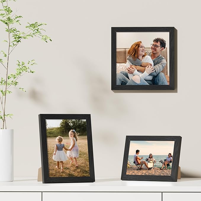 Vittanly 8x8 Picture Frames Set of 9, Shatter Resistant Plexiglass, Display 4x4 Pictures with Mat or 8x8 without Mat, Photo Frames for Wall Mount, Engineered Wood, Black