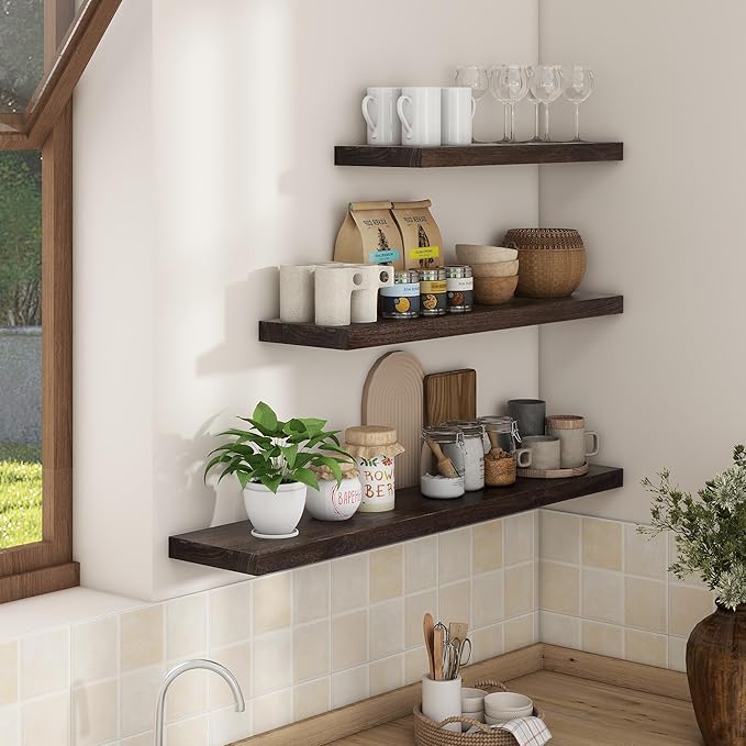 Axeman Floating Shelves for Wall - 40''W x 8'' D Rustic Solid Elm Wood Shelves for Storage, Wall Mounted Display Shelving with Invisible Heavy-Duty Metal Bracket (Walnut, 2PCs)