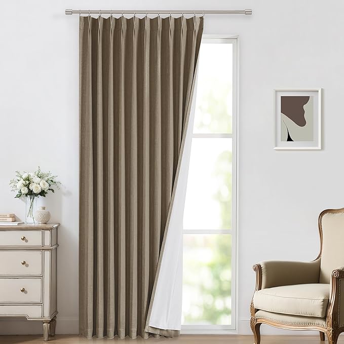 Vision Home Brown Pinch Pleated Full Blackout Curtains Linen Blended 60" Wide Thermal Insulated Window Panels 120 inch for Bedroom Living Room Darkening Pleat Drapes with Hooks Back Tab 60" Wx120 Lx1