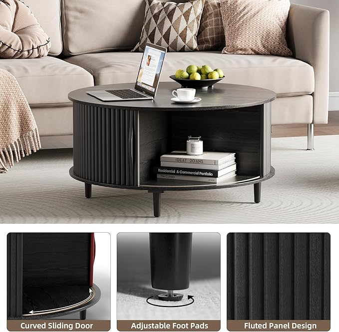 Round Coffee Table with Storage,Mid Century Modern Dining Table with Sliding Cabinet Door for Living Room,Home Small Space,31.5" Small Center Table,Black