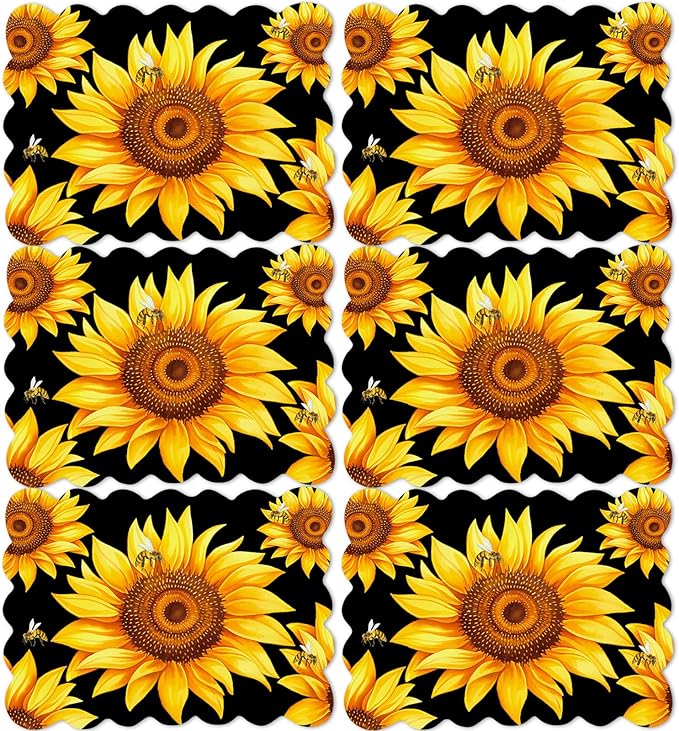 Sunflower Placemats Set of 6 Summer Plastic Table Mats Summer Floral Place Mats Washable Vinyl Seasonal Spring Sunflower Table Decoration for Indoor Outdoor Party Kitchen Dining