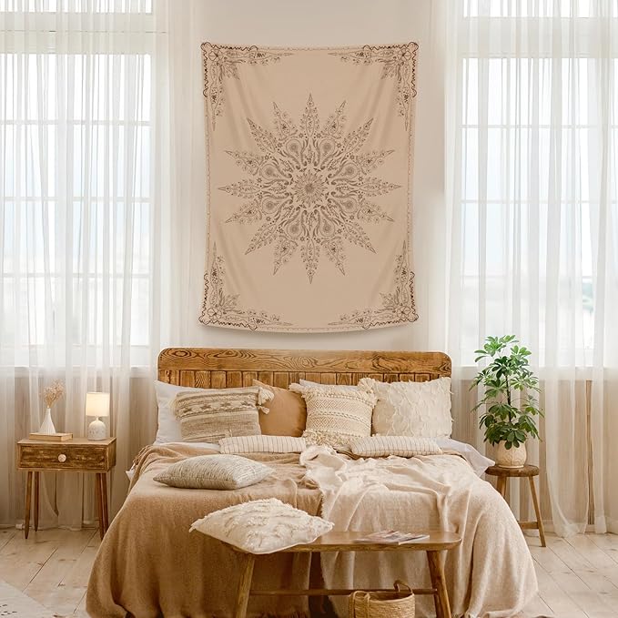 Damanse Floral Tapestry Wall Hanging Cute,Boho Wall Tapestry for Bedroom Aesthetic,Mandala Living Room Decor for Teen Girls (Flaxen, 59.80" x 78.70")
