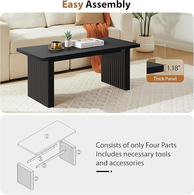 Rectangular Fluted Coffee Table, Farmhouse Wood Coffee Table Mid Century Modern Center Table Boho Living Room Tables for Living Room Office (Black, 19.69" D x 43.3" W x 17.72" H)