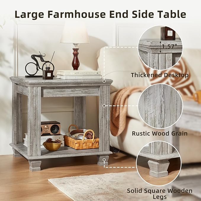 Farmhouse End Table,Large Side Table with 2-Tier Storage Shelf,Rustic Wood End Tables for Living Room,Square Tea Table,Gray