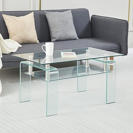 Glass Coffee Table for Living Room, Modern Rectangle All Tempered Glass Table 8mm Clear Transparent Top Home Furniture for Small Space Bearing 220LB