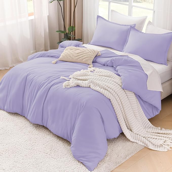 Litanika Lavender Purple Comforter Full Size, 3 Pieces Lightweight Solid Bedding Comforter Set, All Season Fluffy Bed Set (79x90In Comforter & 2 Pillowcases)