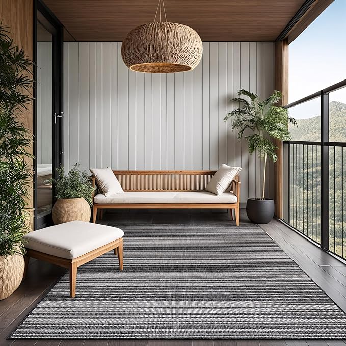 Stripe Outdoor Rug 10x14 Washable Outside Carpet for Indoor Patio Porch Waterproof Easy Cleaning Non Shedding Area Rugs Dark Gray 10 x 14