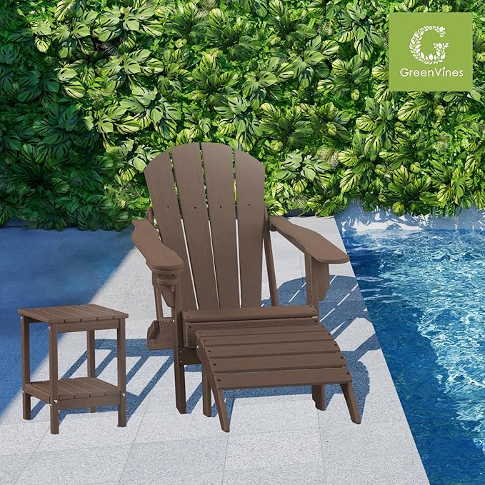 GREENVINES Adirondack-Ottoman | Wood Grain | HDPE Plastic | Outdoor Footrest | All Weather | Foot Rest | Foot Stool | Dark Brown | for Adirondack Chair