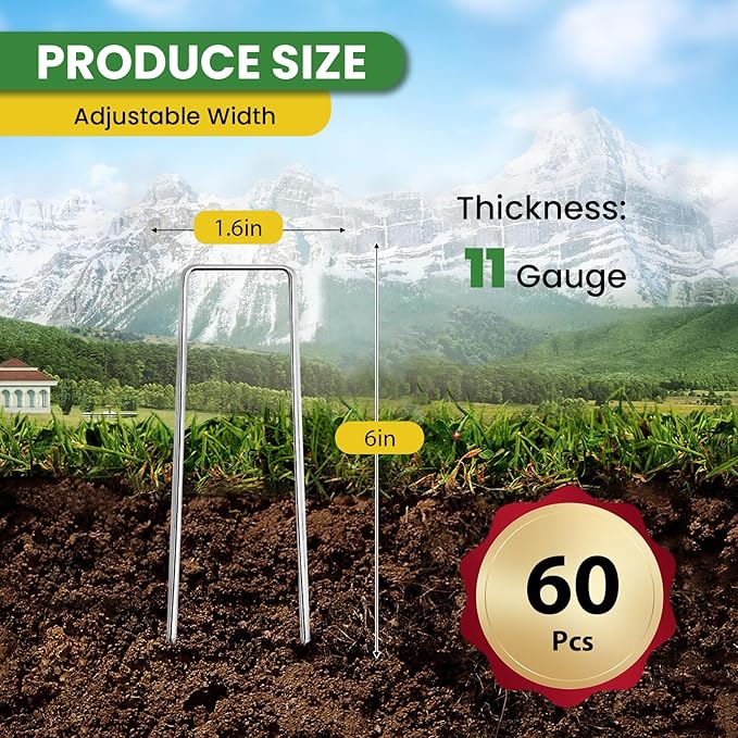Landscape Staples Galvanized 6 Inch 60 Pcs, Metal Garden Stakes 1.6 Inch Width, Garden Staples for Weed Barrier Tubing Lawn 11 Gauge