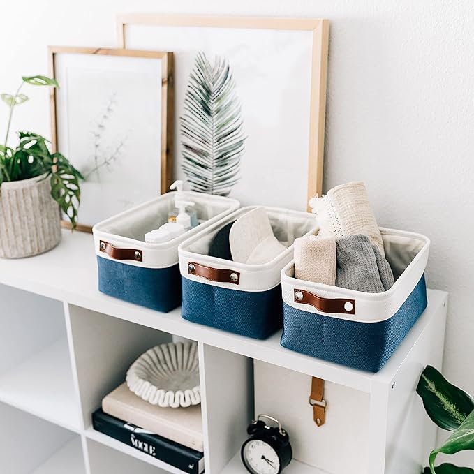 OrganiHaus Small Fabric Storage Baskets for Shelves 3 Pack, 12x8in Closet Storage Bins for Shelves, Cloth Baskets for Organizing, Linen Closet Organizers, Fabric Basket, Navy Blue/White