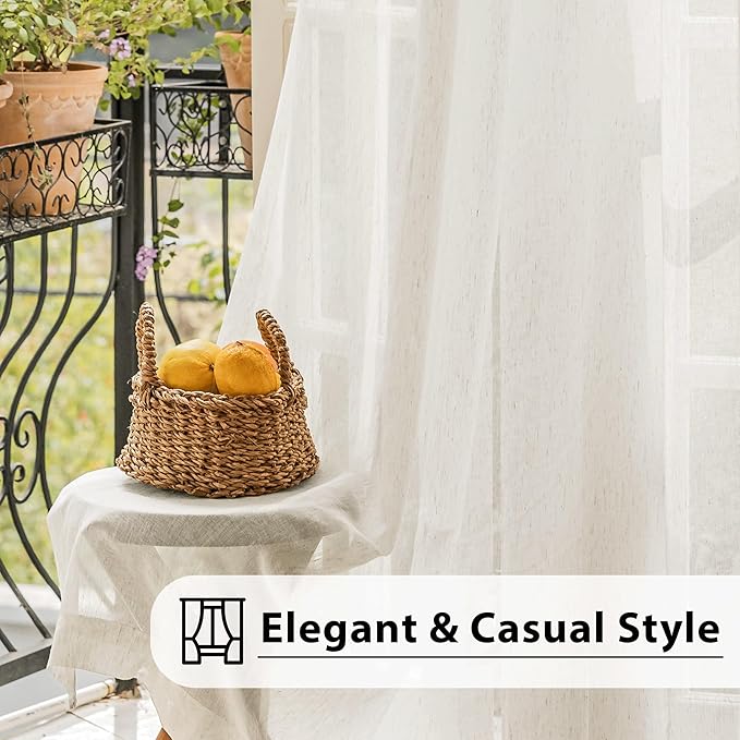 FMFUNCTEX Linen Sheer Sliding Door Curtains for Bedroom, Beige Curtains 84 Inches Long Window Curtain Drapes for Living Room, Natural Patio Glass Door Extra 100 Wide Curtain, Rod Pocket 1 Panel