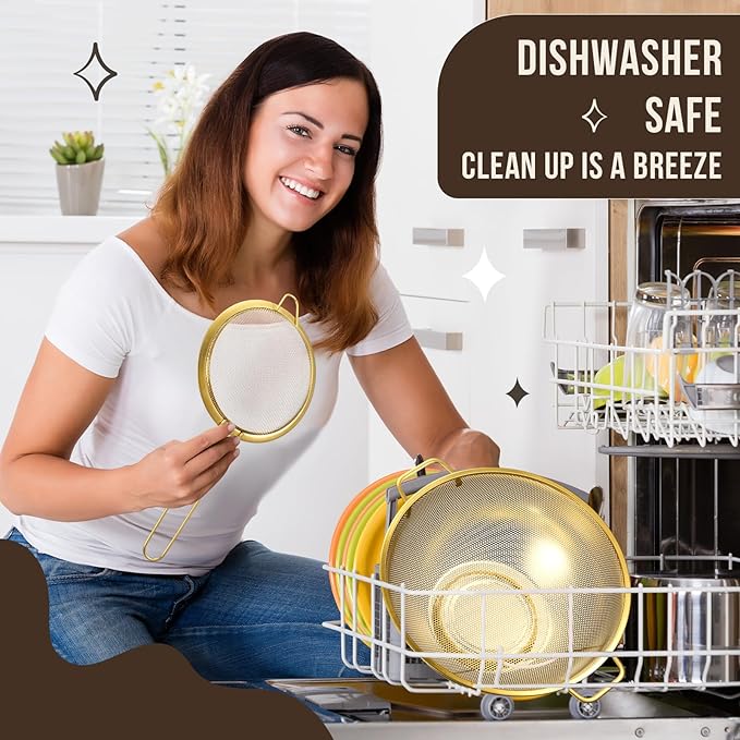 Norme 7 Quart Stainless Steel Gold Colander and 3 Pcs Gold Fine Mesh Strainer, Stainless Steel Pasta Rice Food Metal Strainer with Handles, Easy Clean and Dishwasher Safe