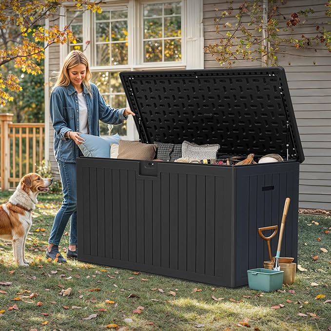 YITAHOME 200 Gallon Extra Large Deck Box, Double-Wall Resin Outdoor Storage Box with Flexible Divider for Patio Cushions Pool Supplies Garden Tools, 990 lbs Load Capacity, Lockable (Black)