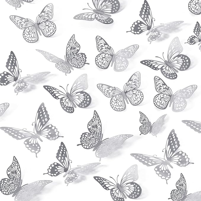 SAOROPEB 3D Butterfly Wall Decor, 48 Pcs 4 Styles 3 Sizes, Removable Metallic Wall Sticker Room Mural Decals for Kids Bedroom Nursery Classroom Party Decoration Wedding Decor DIY Gift (Sliver)
