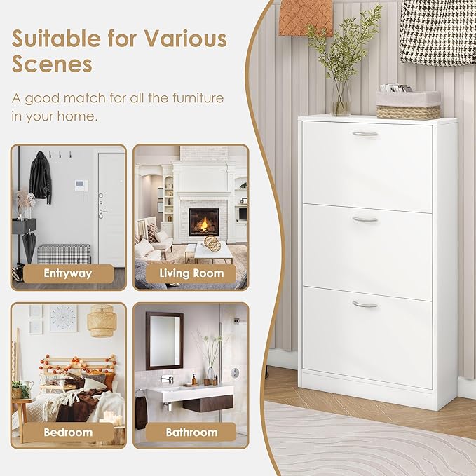 Shoe Storage Cabinet with 3 Flip Drawers, Narrow Shoe Cabinet Freestanding Slim Shoe Storage Organizer for Entryway, Hallway, Entrance, Bedroom, Living Room, White