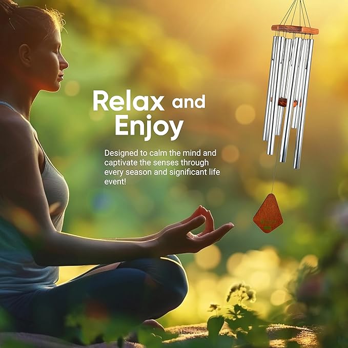 Nature’s Melody Premiere Grande Tunes Wind Chimes – Outdoor Windchime with 6 Tubes Tuned to E Pentatonic Scale, Rustproof Aluminum, Beech Wood & S Hook Hanger for Sympathy, Memorial Gift or Zen Garden