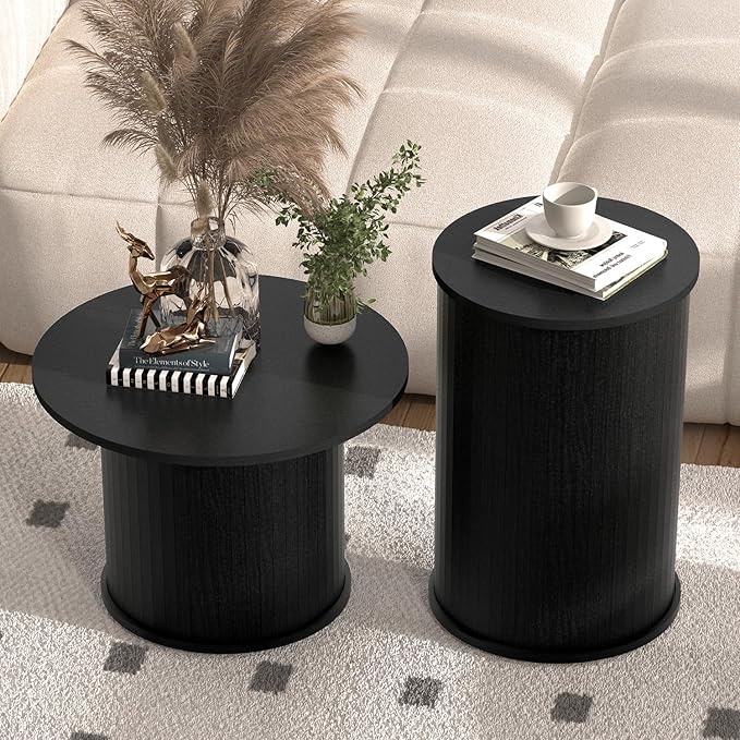 Set of 2 Round Nesting Coffee Tables for Living Room, Fluted Circle Black Wood Coffee and End Table Sets for Apartment, Small Spaces, Bedroom, Modern Style, Easy Assembly & Maintenance