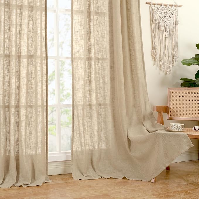 LAMIT 108 Inch Long Linen Curtains for Living Room, Light Filtering Bronze Grommet Window Textured Semi Sheer Burlap Drapes for Bedroom French Door, 2 Panels, 52 x 108 Inch, Brown