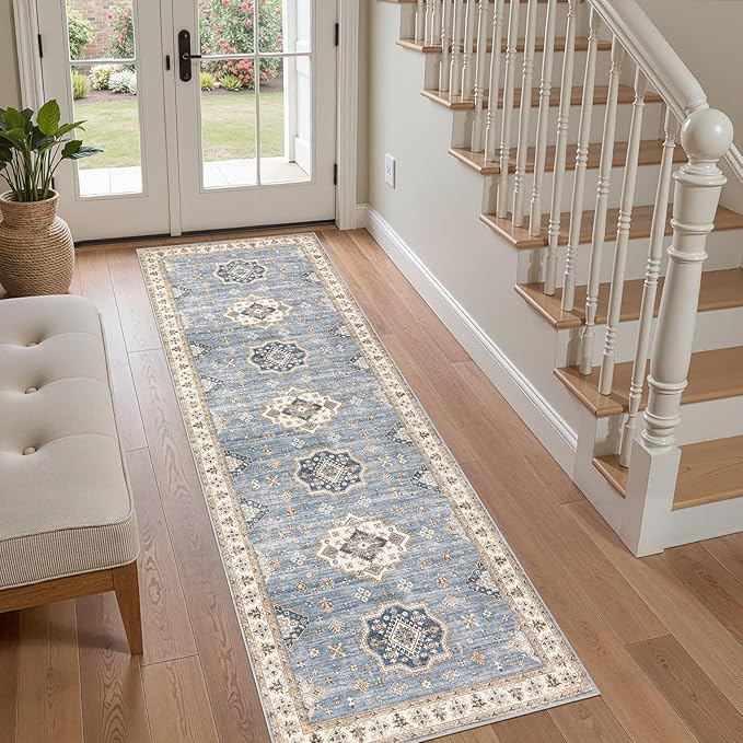 Washable 2x6 Runner Rug - Area Rugs Neutral Vintage Distressed Floral Farmhouse Boho Large Soft Floor Rug Indoor Carpet for Hallway Entryway Bedroom Kitchen - Blue