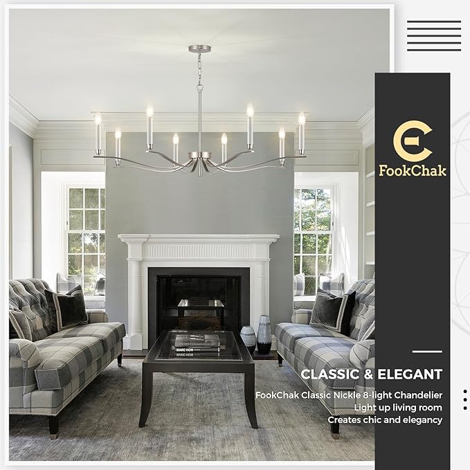 Nickel Chandeliers for Dining Room, 8-Light Chandelier Light Fixture Over Table Modern Candle Chandelier 44in Master Bedroom Chandeliers Lighting for Entry Foyer Bathtub Living Room