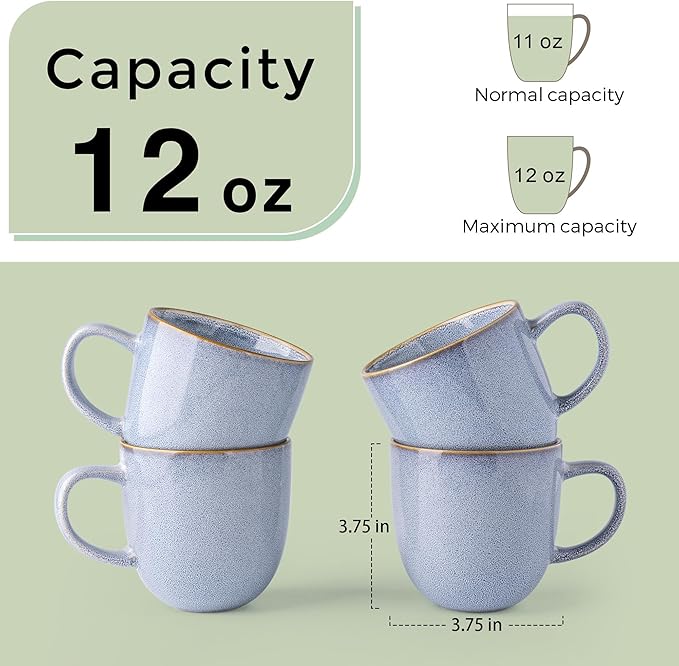 AmorArc 12oz Coffee Mugs, Ceramic Coffee Mugs set of 4 for Man, Woman, Dad, Mom, Modern Coffee Mugs with handle for Latte/Cappuccino/Milk/Cocoa. Dishwasher&Microwave Safe, Blue-Reactive Glaze