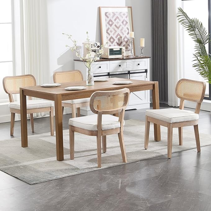 Rattan Dining Chairs Set of 6 Farmhouse Wood Kitchen Chairs with Cane Back Upholstered Curved Backrest Dinner Chair Rustic Armless Side Chair for Dining/Living Room/Restaurant, Beige